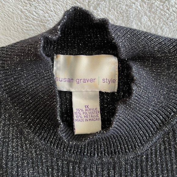 SUSAN Graver Vintage Black Multi Shimmer Mock Neck Short Sleeve Sweater Size 1X - Picture 6 of 6